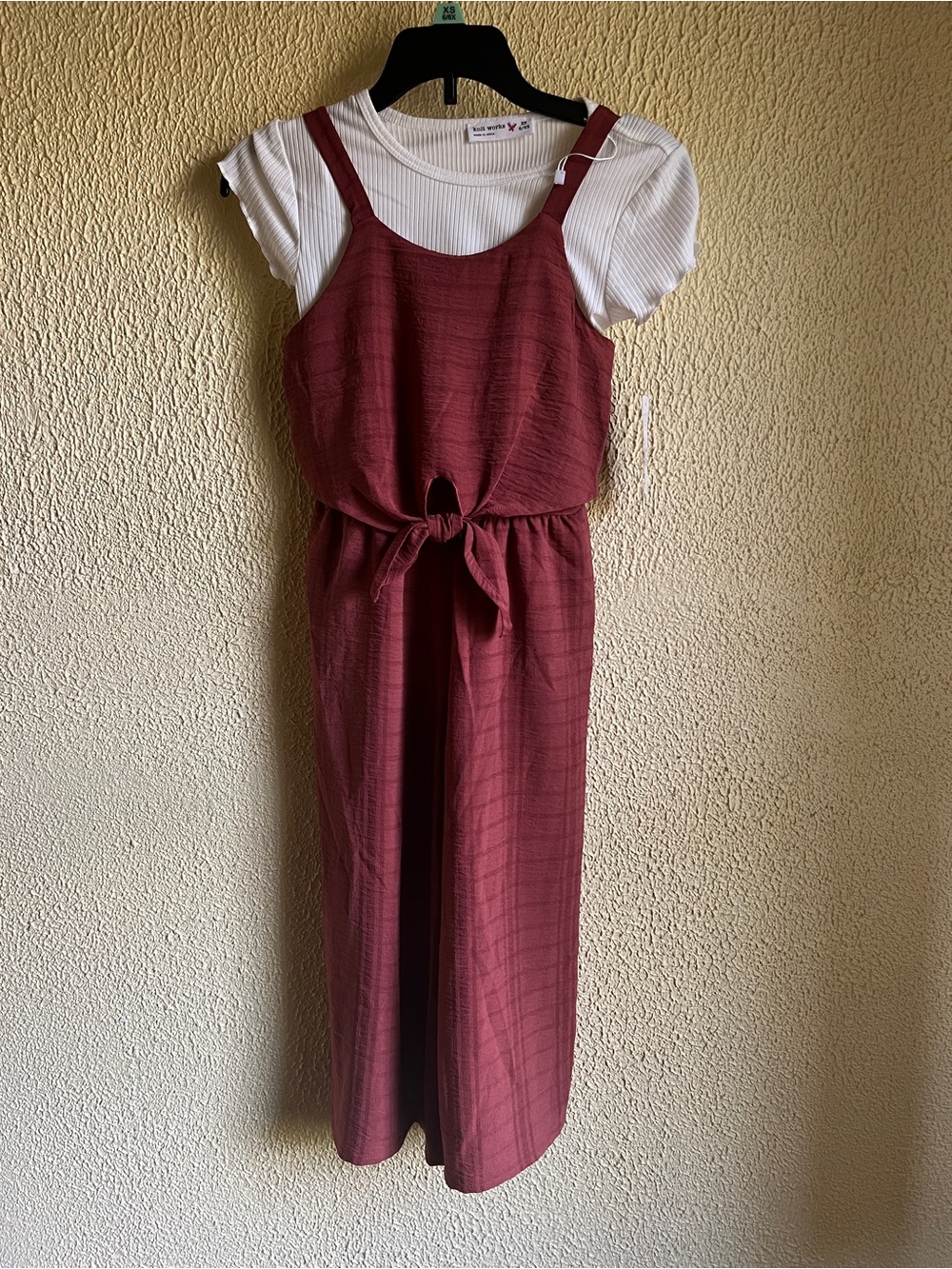 Knit Works Girls XS 6/6X Burgundy Jumpsuit & White Ribbed Tee 2pc Set